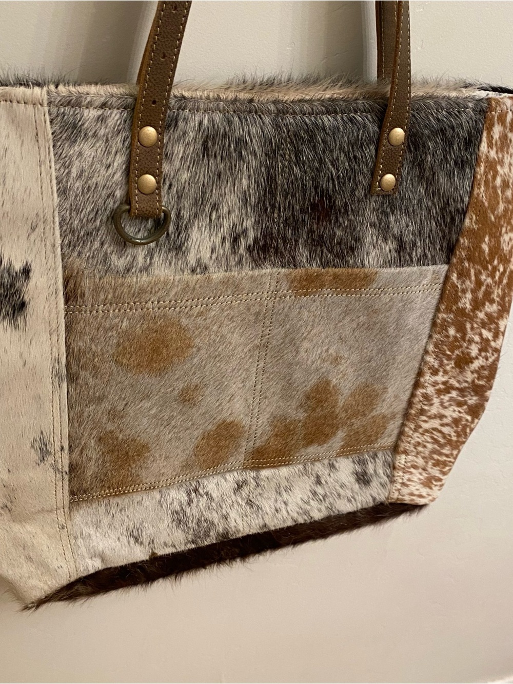 Myra Bags Large Cowhide Leather Tote Multicolor Patchwork 15x14x3.5-inches boho - Picture 5 of 9